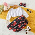 3pcs Baby Girl 100% Cotton Lace Off Shoulder Long-sleeve Crop Top and Floral Print Pants with Headband Set Black image 1
