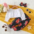 3pcs Baby Girl 100% Cotton Lace Off Shoulder Long-sleeve Crop Top and Floral Print Pants with Headband Set Black image 2