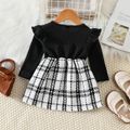 Baby Girl Solid Rib Knit Ruffle Long-sleeve Spliced Tweed Bow Front Dress Black image 2