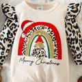 Christmas 2pcs Baby Girl 95% Cotton Long-sleeve Leopard Ruffle Spliced Xmas Tree & Rainbow Print Jumpsuit with Headband Set Apricot image 4