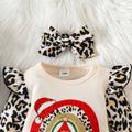 Christmas 2pcs Baby Girl 95% Cotton Long-sleeve Leopard Ruffle Spliced Xmas Tree & Rainbow Print Jumpsuit with Headband Set Apricot image 3