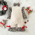 Christmas 2pcs Baby Girl 95% Cotton Long-sleeve Leopard Ruffle Spliced Xmas Tree & Rainbow Print Jumpsuit with Headband Set Apricot