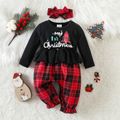 Christmas 2pcs Baby Girl 95% Cotton Long-sleeve Spliced Red Plaid Graphic Jumpsuit with Headband Set redblack image 1