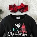 Christmas 2pcs Baby Girl 95% Cotton Long-sleeve Spliced Red Plaid Graphic Jumpsuit with Headband Set redblack image 3