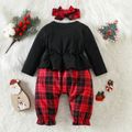 Christmas 2pcs Baby Girl 95% Cotton Long-sleeve Spliced Red Plaid Graphic Jumpsuit with Headband Set redblack image 2