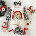 Christmas 2pcs Baby Girl 95% Cotton Long-sleeve Leopard Ruffle Spliced Xmas Tree & Rainbow Print Jumpsuit with Headband Set Apricot image 1