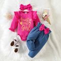 3pcs Baby Girl 95% Cotton Ribbed Ruffle Trim Letter Print Romper and Bow Front Jeans with Headband Set Hot Pink image 1