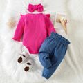 3pcs Baby Girl 95% Cotton Ribbed Ruffle Trim Letter Print Romper and Bow Front Jeans with Headband Set Hot Pink image 2