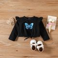3pcs Baby Girl 95% Cotton Ruffle Long-sleeve Knot Front Crop Top and Butterfly & Leopard Print Flared Pants with Headband Set Black