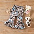 3pcs Baby Girl 95% Cotton Ruffle Long-sleeve Knot Front Crop Top and Butterfly & Leopard Print Flared Pants with Headband Set Black