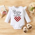 3pcs Baby Girl 95% Cotton Long-sleeve Graphic Romper and Allover Heart Print Ruffle Trim Suspender Skirt with Headband Set White image 3