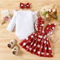 3pcs Baby Girl 95% Cotton Long-sleeve Graphic Romper and Allover Heart Print Ruffle Trim Suspender Skirt with Headband Set White image 2