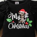 Christmas 3pcs Baby Girl 95% Cotton Ruffle Long-sleeve Letter Graphic Romper and Allover Santa & Leopard Print Pants with Headband Set Black image 5