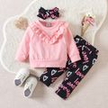 3pcs Baby Girl 95% Cotton Long-sleeve Pink Ruffle Trim Sweatshirt and Allover Heart & Letter Print Pants with Headband Set Pink image 1
