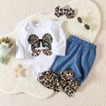 3pcs Baby Girl 100% Cotton Solid Spliced Leopard Ruffle Flared Pants and Figure Print Long-sleeve Romper with Headband Set Blue image 1