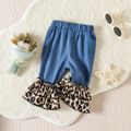 3pcs Baby Girl 100% Cotton Solid Spliced Leopard Ruffle Flared Pants and Figure Print Long-sleeve Romper with Headband Set Blue image 4