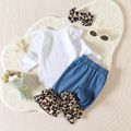 3pcs Baby Girl 100% Cotton Solid Spliced Leopard Ruffle Flared Pants and Figure Print Long-sleeve Romper with Headband Set Blue image 2