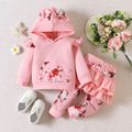 2pcs Baby Girl 95% Cotton Pink Floral Print 3D Ears Hoodie and Layered Ruffle Trim Pants Set Pink image 1