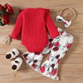3pcs Baby Girl 95% Cotton Letter Print Ruffle Trim Long-sleeve Ribbed Romper and Floral Print Flared Pants with Headband Set Burgundy image 2