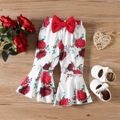3pcs Baby Girl 95% Cotton Letter Print Ruffle Trim Long-sleeve Ribbed Romper and Floral Print Flared Pants with Headband Set Burgundy image 5
