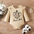 3pcs Baby Girl 95% Cotton Ribbed Ruffle Long-sleeve Heart & Letter Embroidered Romper and Leopard Pants with Headband Set Apricot image 3