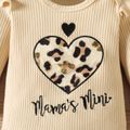 3pcs Baby Girl 95% Cotton Ribbed Ruffle Long-sleeve Heart & Letter Embroidered Romper and Leopard Pants with Headband Set Apricot image 5