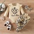 3pcs Baby Girl 95% Cotton Ribbed Ruffle Long-sleeve Heart & Letter Embroidered Romper and Leopard Pants with Headband Set Apricot image 1