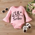 3pcs Baby Girl 95% Cotton Letter Graphic Flare-sleeve Romper and Floral Print Bow Front Pants with Headband Set Pink image 3
