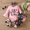3pcs Baby Girl 95% Cotton Letter Graphic Flare-sleeve Romper and Floral Print Bow Front Pants with Headband Set Pink image 1