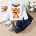 2pcs Baby Boy Tiger Print Long-sleeve Sweatshirt and Sweatpants Set OffWhite image 1