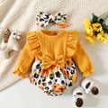 2pcs Baby Girl Sunflower & Leopard Print Spliced Solid Ruffle Trim Long-sleeve Romper and Headband Set Ginger image 1