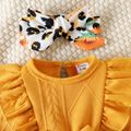 2pcs Baby Girl Sunflower & Leopard Print Spliced Solid Ruffle Trim Long-sleeve Romper and Headband Set Ginger image 3