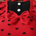 2pcs Baby Girl 95% Cotton Allover Heart Print Ribbed Ruffle Trim Spliced Long-sleeve Bell Bottom Jumpsuit with Headband Set redblack image 4