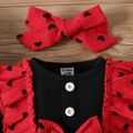 2pcs Baby Girl 95% Cotton Allover Heart Print Ribbed Ruffle Trim Spliced Long-sleeve Bell Bottom Jumpsuit with Headband Set redblack image 3