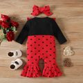 2pcs Baby Girl 95% Cotton Allover Heart Print Ribbed Ruffle Trim Spliced Long-sleeve Bell Bottom Jumpsuit with Headband Set redblack image 2