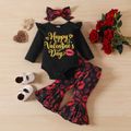Valentine's Day 3pcs Baby Girl 95% Cotton Ruffle Long-sleeve Letter Graphic Romper and Allover Lips & Heart Print Flared Pants with Headband Set Black image 1