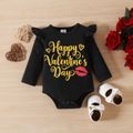 Valentine's Day 3pcs Baby Girl 95% Cotton Ruffle Long-sleeve Letter Graphic Romper and Allover Lips & Heart Print Flared Pants with Headband Set Black image 3