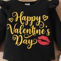 Valentine's Day 3pcs Baby Girl 95% Cotton Ruffle Long-sleeve Letter Graphic Romper and Allover Lips & Heart Print Flared Pants with Headband Set Black image 4