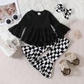 3pcs Baby Girl Black Flare-sleeve Tiered High Low Hem Top and Checkered Flared Pants with Headband Set Black image 1