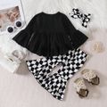 3pcs Baby Girl Black Flare-sleeve Tiered High Low Hem Top and Checkered Flared Pants with Headband Set Black image 2