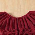 Baby Girl Pom Poms Detail Bow Front Waffle Textured Short-sleeve Romper MAROON image 4