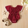 Baby Girl Pom Poms Detail Bow Front Waffle Textured Short-sleeve Romper MAROON image 1