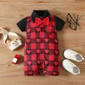 Valentine's Day Baby Boy Contrast Polo Neck Short-sleeve Heart & Checkered Print Gentleman Bow Tie Romper Red image 1