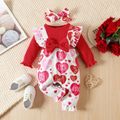 Valentine's Day Baby Girl 95% Cotton Ribbed Spliced Heart & Letter Print Ruffle Trim Long-sleeve Jumpsuit with Headband Set Red image 1