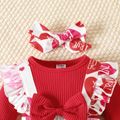 Valentine's Day Baby Girl 95% Cotton Ribbed Spliced Heart & Letter Print Ruffle Trim Long-sleeve Jumpsuit with Headband Set Red image 3
