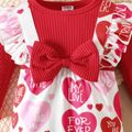 Valentine's Day Baby Girl 95% Cotton Ribbed Spliced Heart & Letter Print Ruffle Trim Long-sleeve Jumpsuit with Headband Set Red image 4