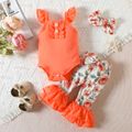 3pcs Baby Girl Solid Ribbed Flutter-sleeve Romper and Floral Print Bow Decor Layered Ruffle Trim Flared Pants & Headband Set Lightorangepowder image 1