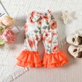 3pcs Baby Girl Solid Ribbed Flutter-sleeve Romper and Floral Print Bow Decor Layered Ruffle Trim Flared Pants & Headband Set Lightorangepowder image 5