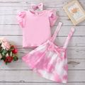 2pcs Toddler Girl Ruffled Short-sleeve Pink Tee and Bowknot Design Tie Dyed Suspender Skirt Set Pink