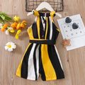 Toddler Girl Stripe Colorblock Back Button Design Belted Halter Rompers Yellow image 2